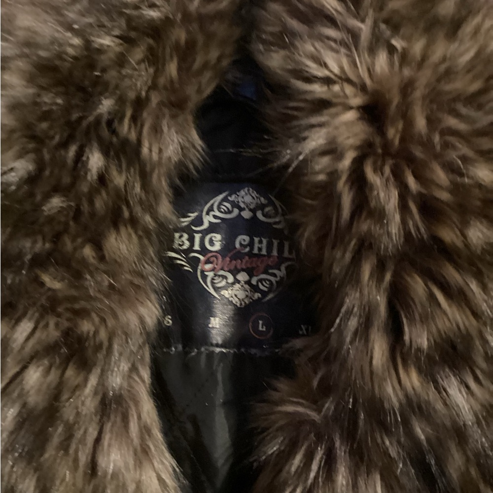 Big Chill Vintage  Brown Leather Jacket with Brown Faux Fur - Picture 2 of 10